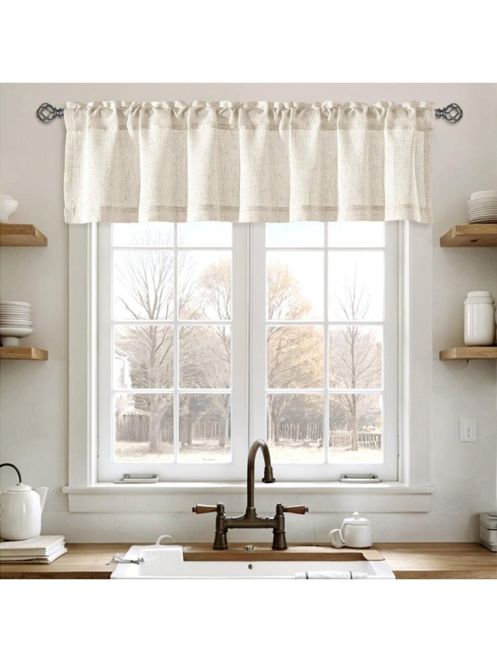 Natural Ivory Linen Valance Curtains - 2 Panels, Light Filtering Semi-Sheer